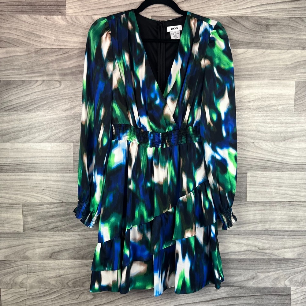 DKNY Blouson Dress Women's 6 Petite Black Tie Dye Balloon Sleeves‎ Ruffled Hem